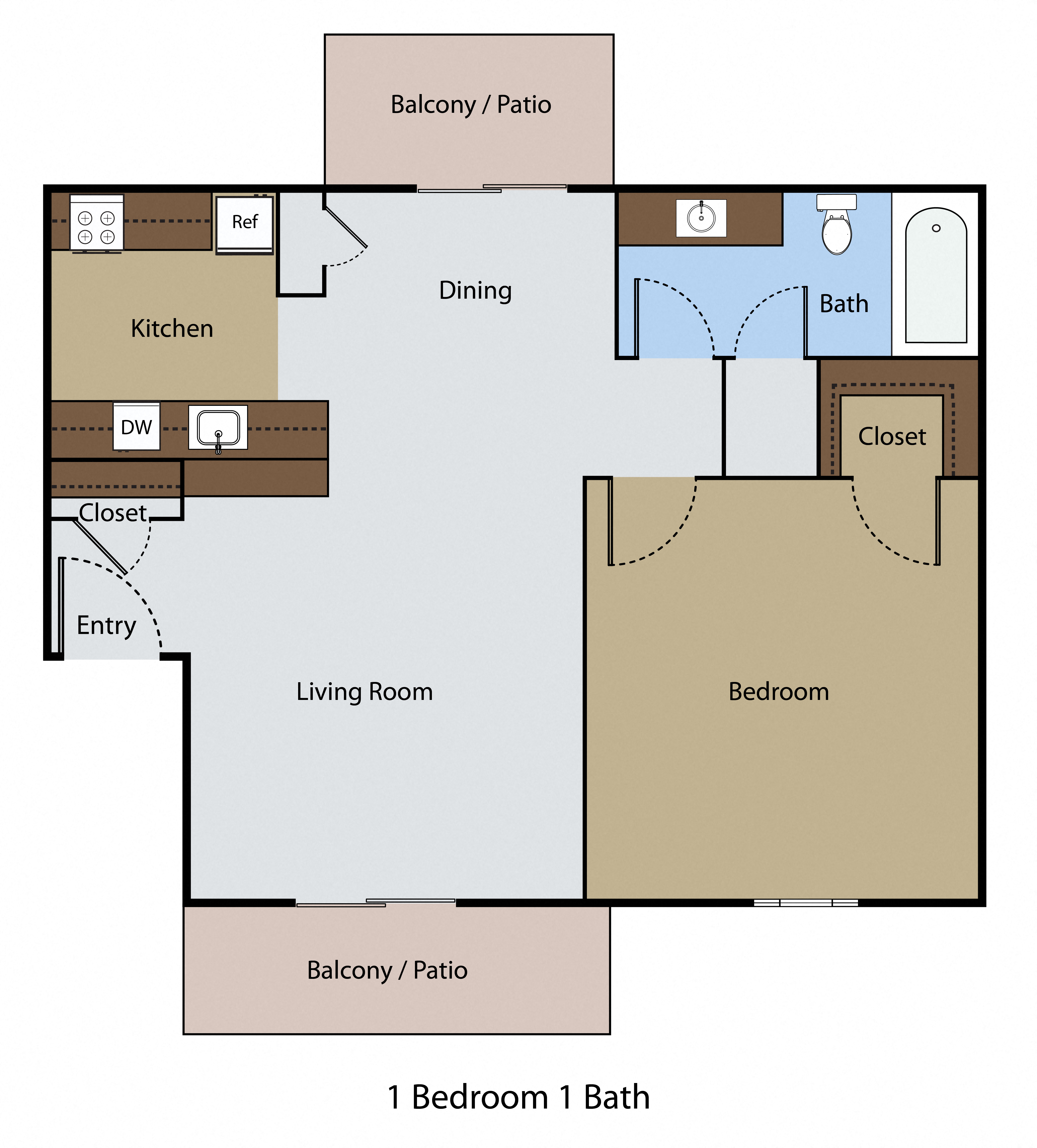 Floor plan for 1 bed, 1 bath, 539 sqft